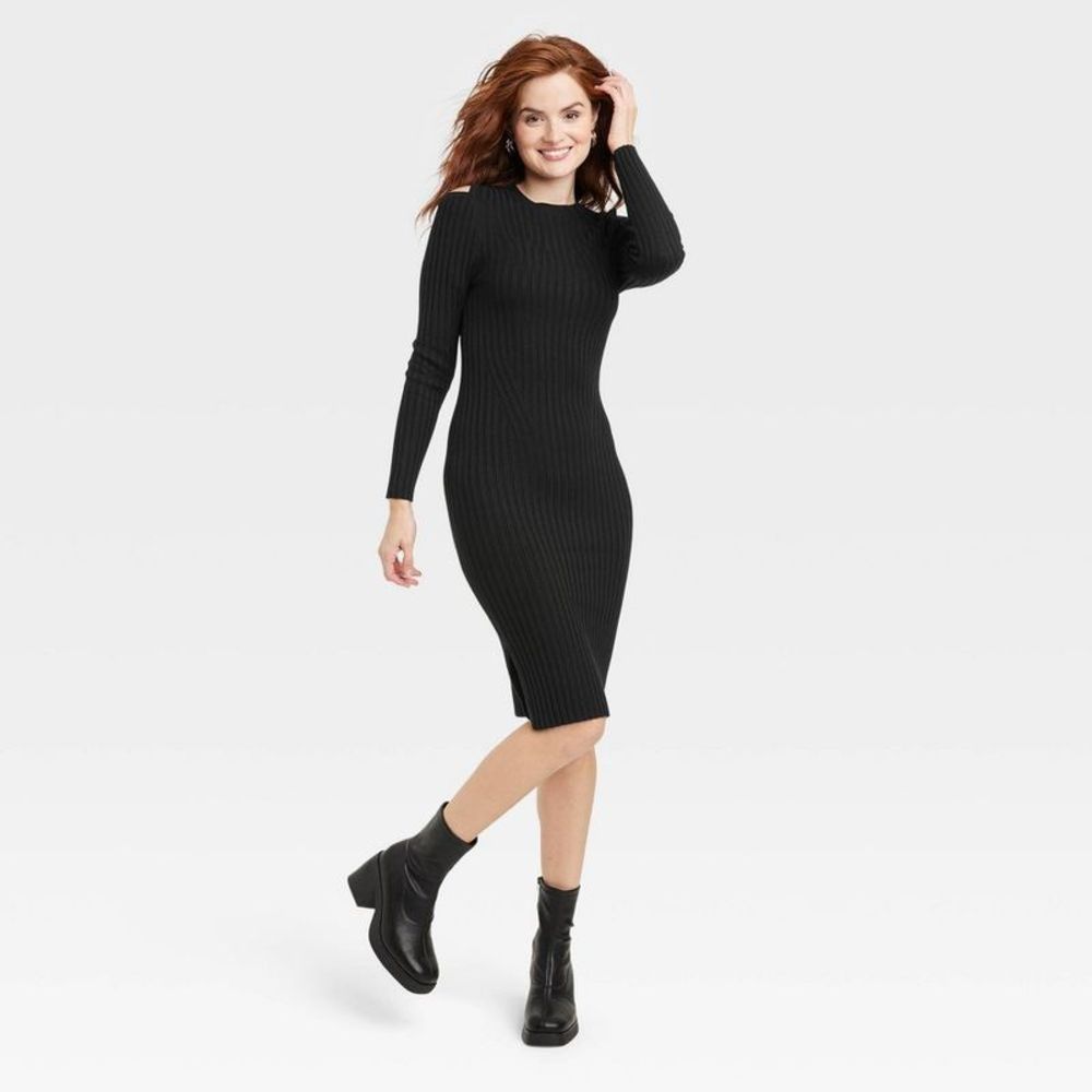 Women's cold shoulder Long Sleeve Sweater Dress - A New Day Black XXL